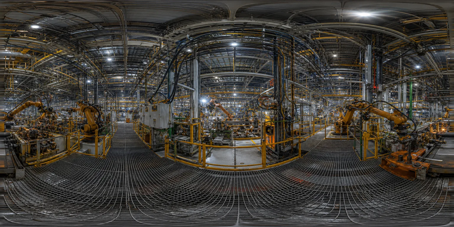 Modern industrial hall with robotic arms, sparks and a receding production line